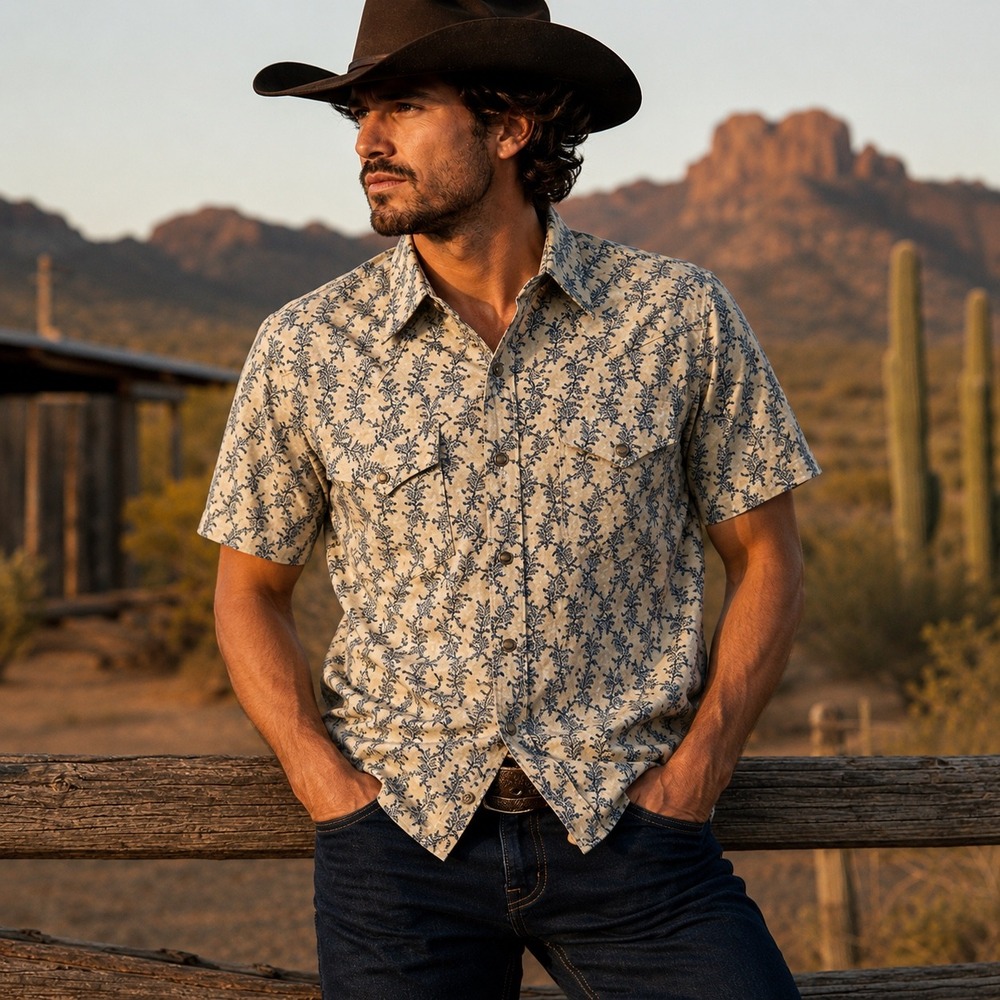 Moonshine Spirit Brad Paisley Mens Large Tan Blue Fern Print Western Snap Shirt